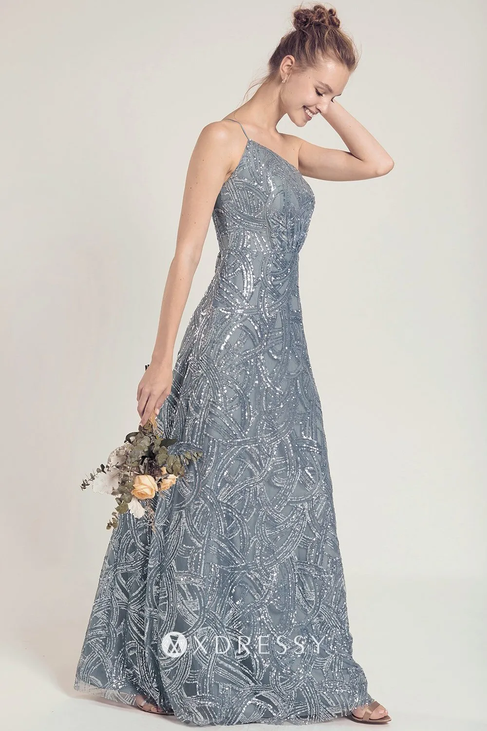 Dusty Blue One Shoulder Long Sequin Bridesmaid Dress Xdressy