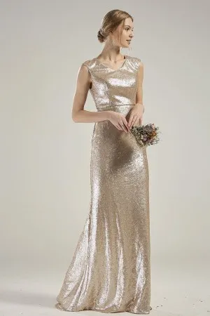 Champagne sequin V neck elegant long bridesmaid dress