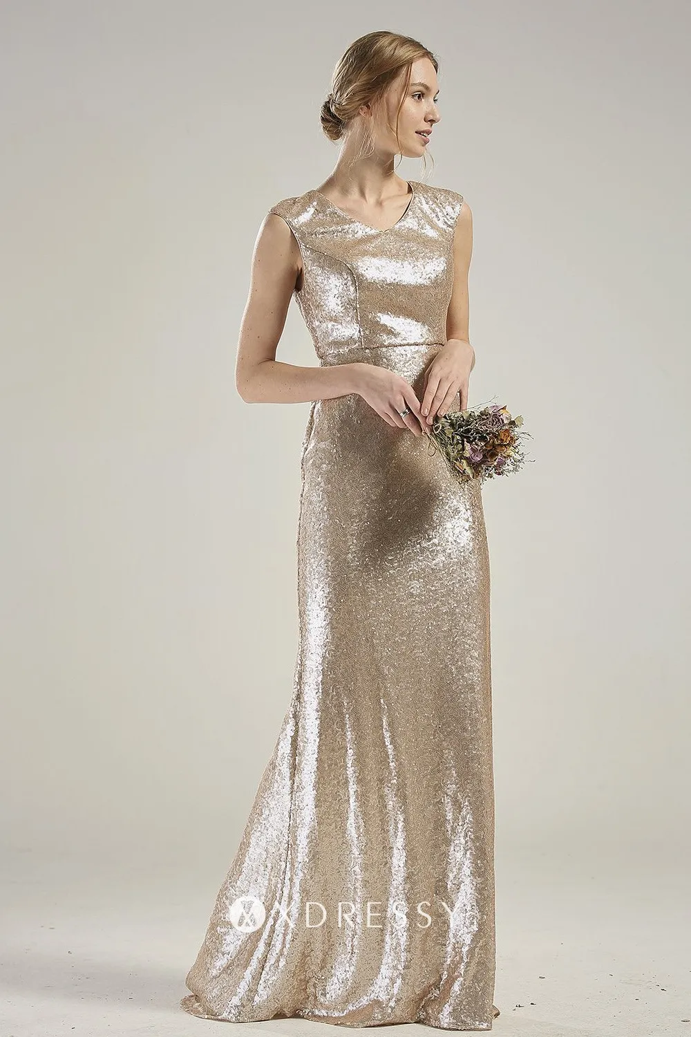 Champagne Sequin Vneck Elegant Long Bridesmaid Dress Xdressy
