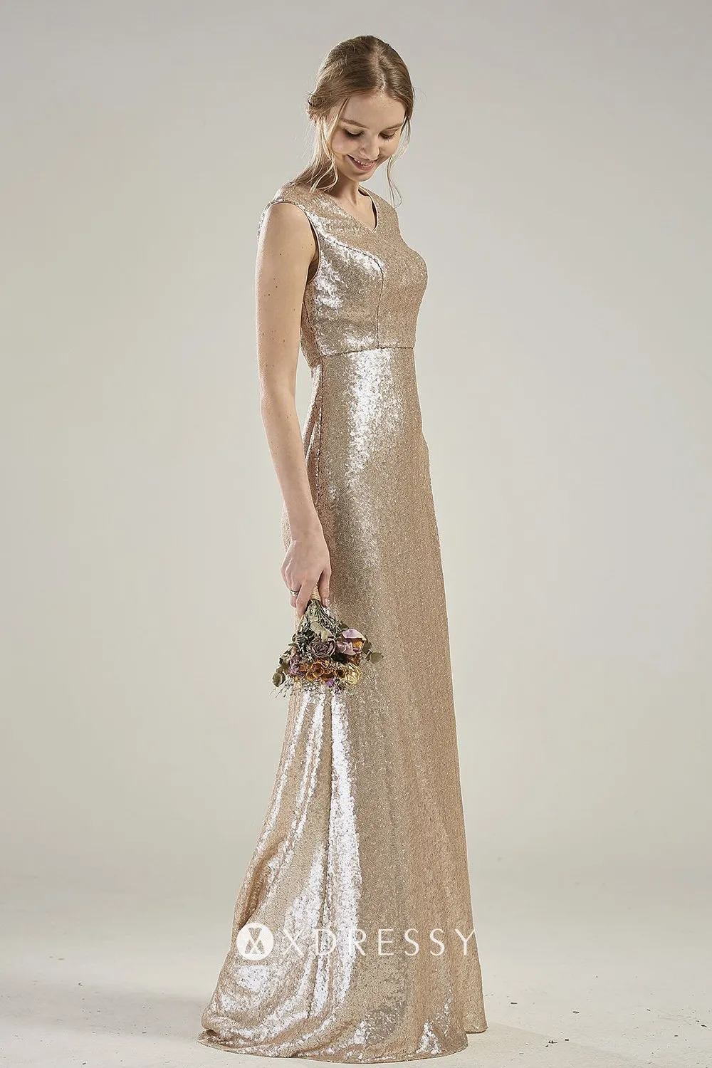 Champagne Sequin Vneck Elegant Long Bridesmaid Dress Xdressy