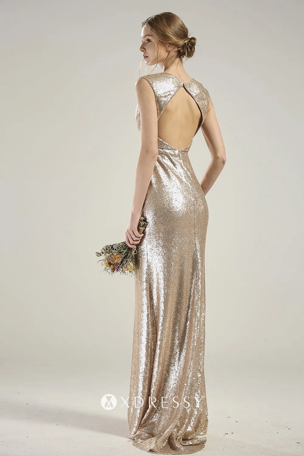 Open back champagne sequin elegant long bridesmaid dress
