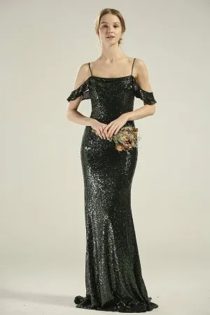 Dark green cold shoulder sequin flutter sleeve dress