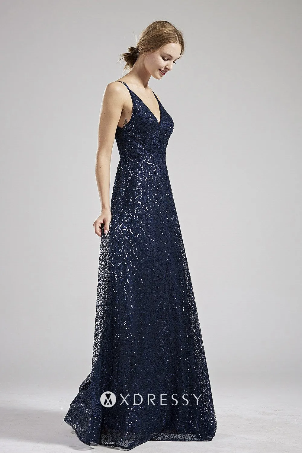 Sleeveless double spaghetti straps navy sequin bridesmaid dress