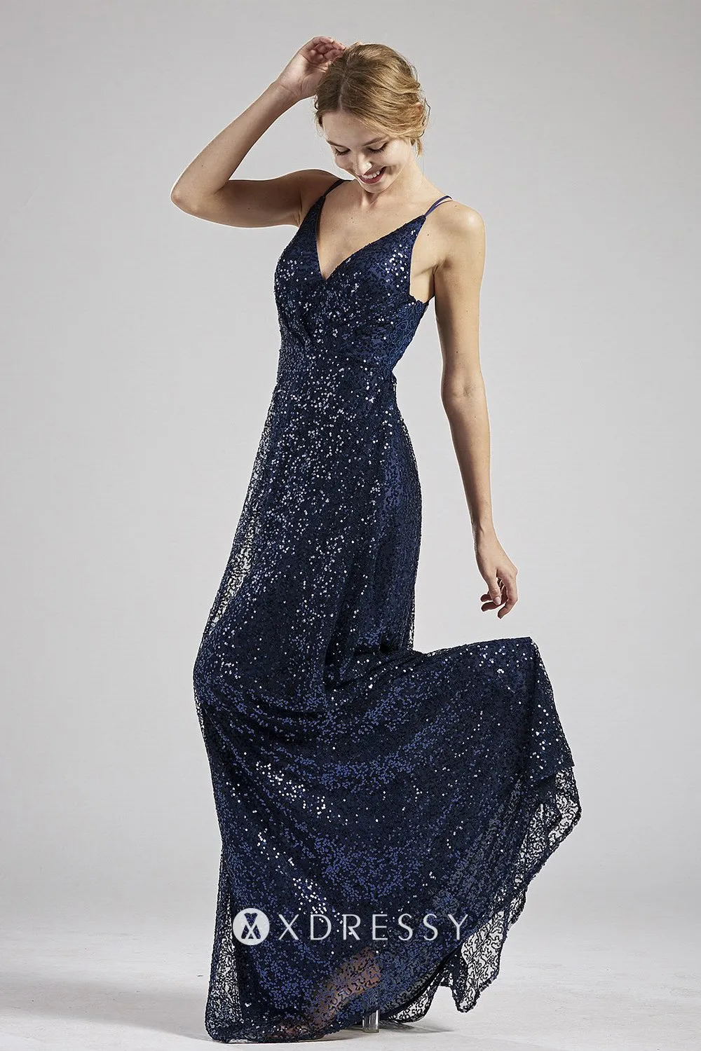 V neck navy sequin overlaid long bridesmaid dress