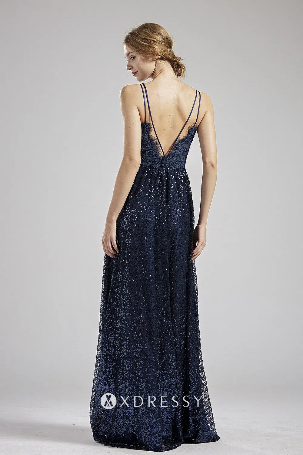 navy scalloped lace V back long bridesmaid dress