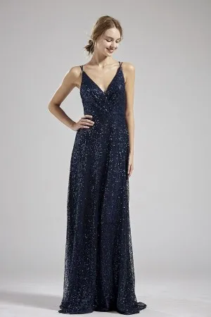 navy sequin V neck lace back A line bridesmaid dress