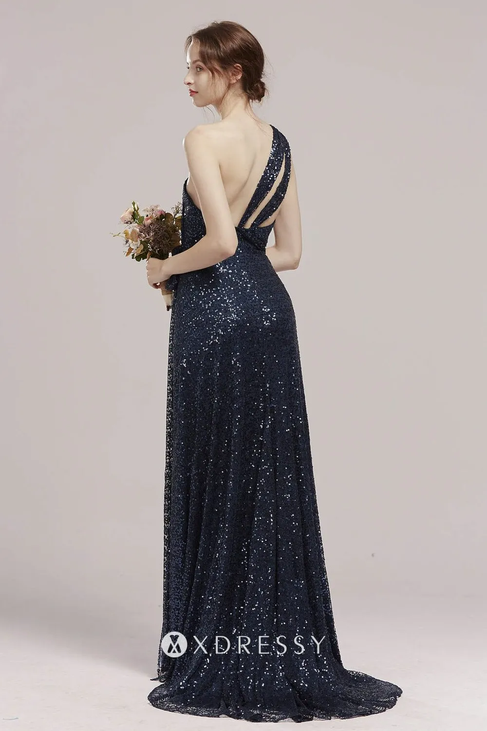 Asymmetrical one shoulder navy sequin dress with small train Asymmetrical one shoulder navy sequin dress with small train