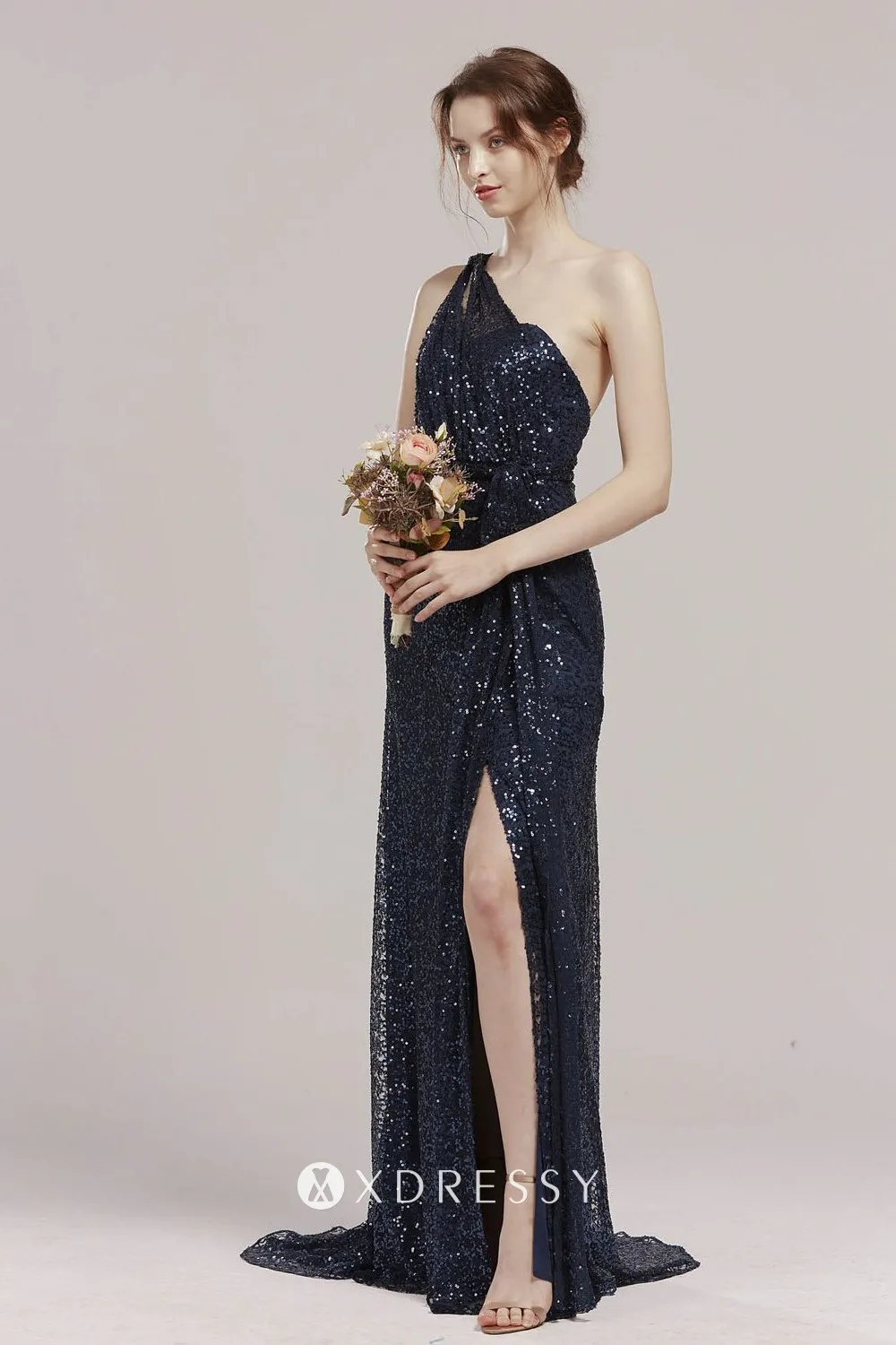 Navy one shoulder asymmetrical sequin slit dress Navy one shoulder asymmetrical sequin slit dress