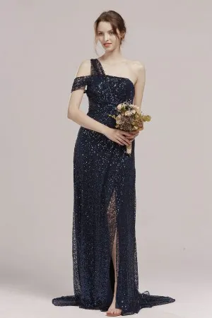 asymmetrical navy double straps sequin slit dress