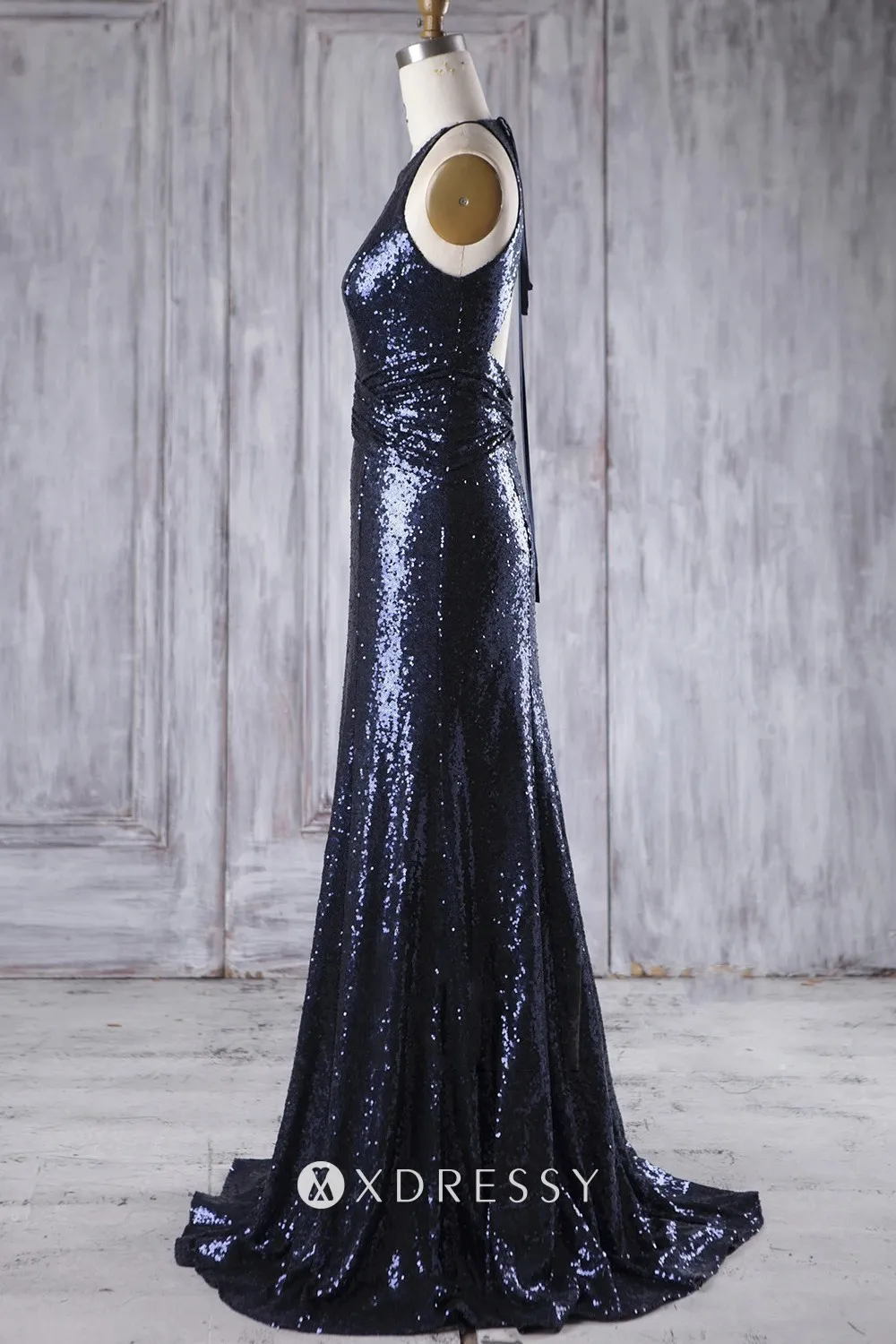 Pleated waist navy sequin long bridesmaid dress Pleated waist navy sequin long bridesmaid dress