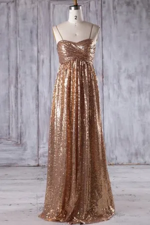 gold empire waist A line sequin bridesmaid dress
