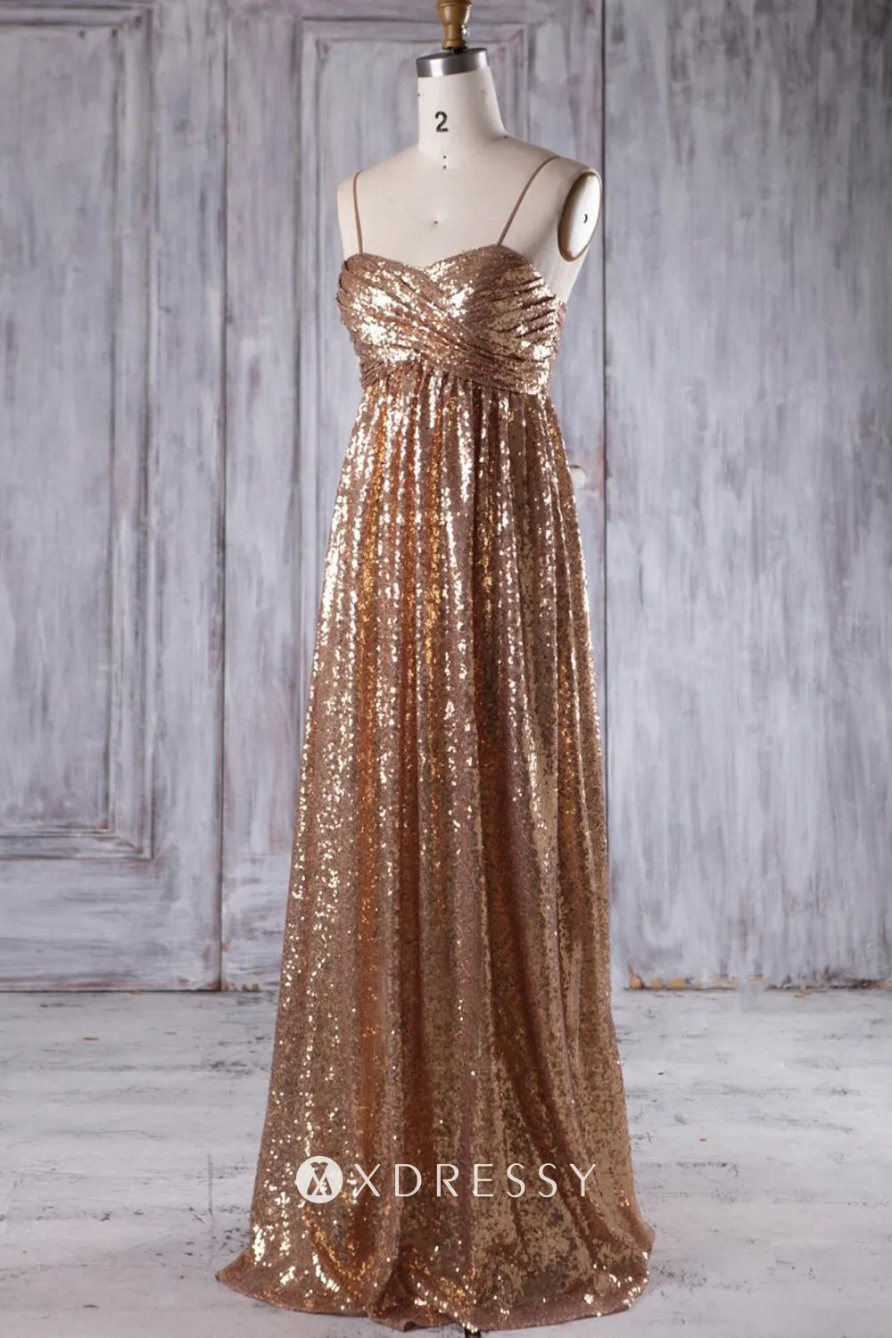 gold sleeveless criss cross ruched empire waist bridesmaid dress