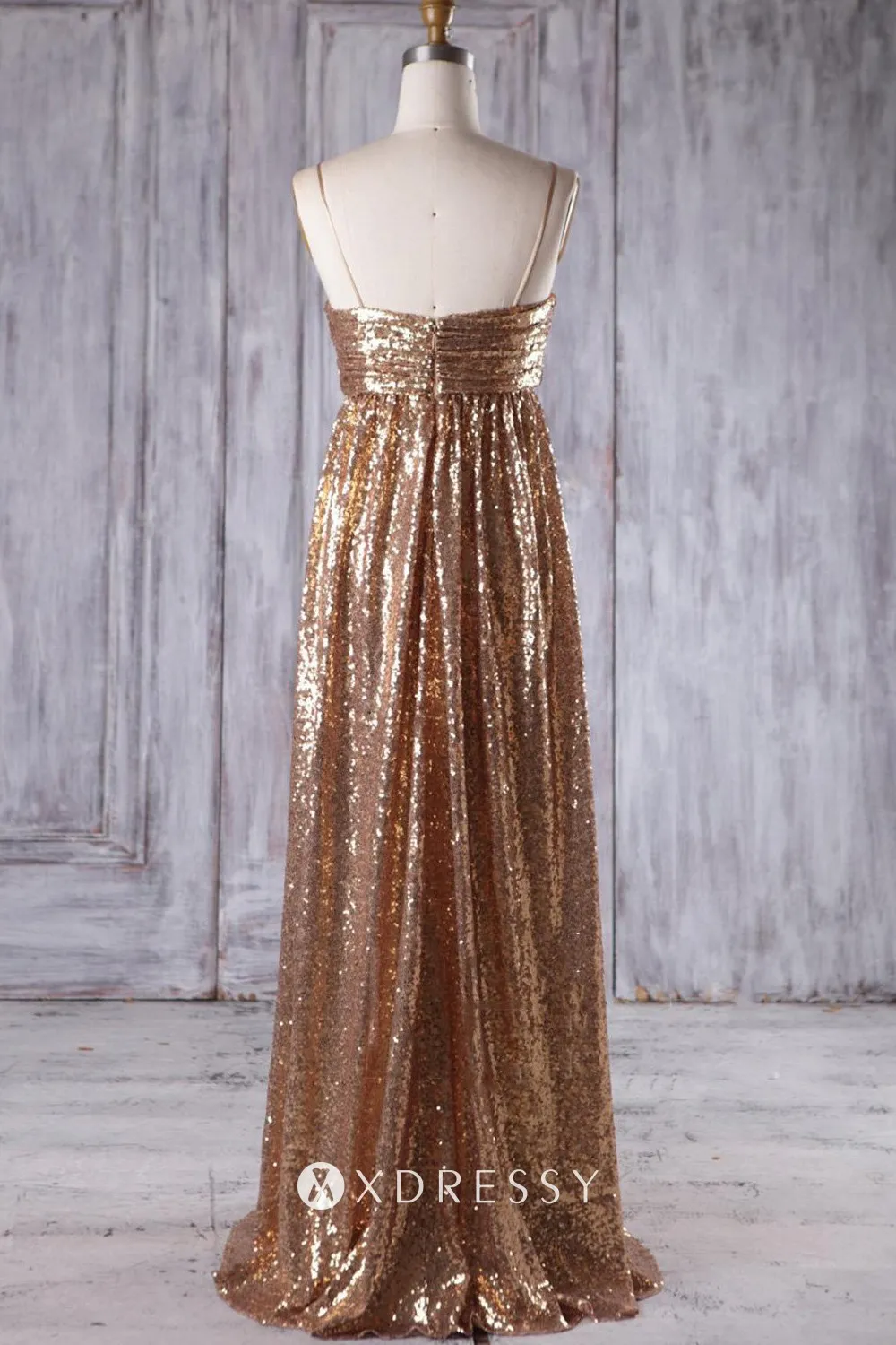 spahetti straps open back gold A line bridesmaid dress