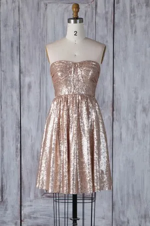 champagne gold sequin strapless short bridesmaid dress