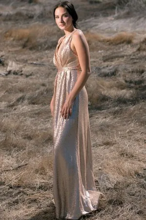sparkly champagne sequin V neck bridesmaid dress