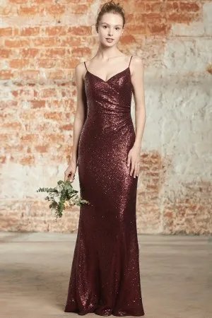 maroon sequin spaghetti strap v neck bridesmaid dress