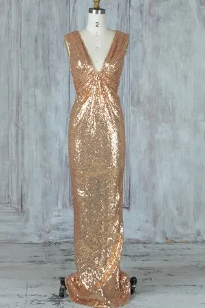Gold sequin pleated empire V neck bridesmaid dress