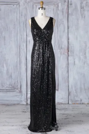 black sequin V neck elegant column bridesmaid dress