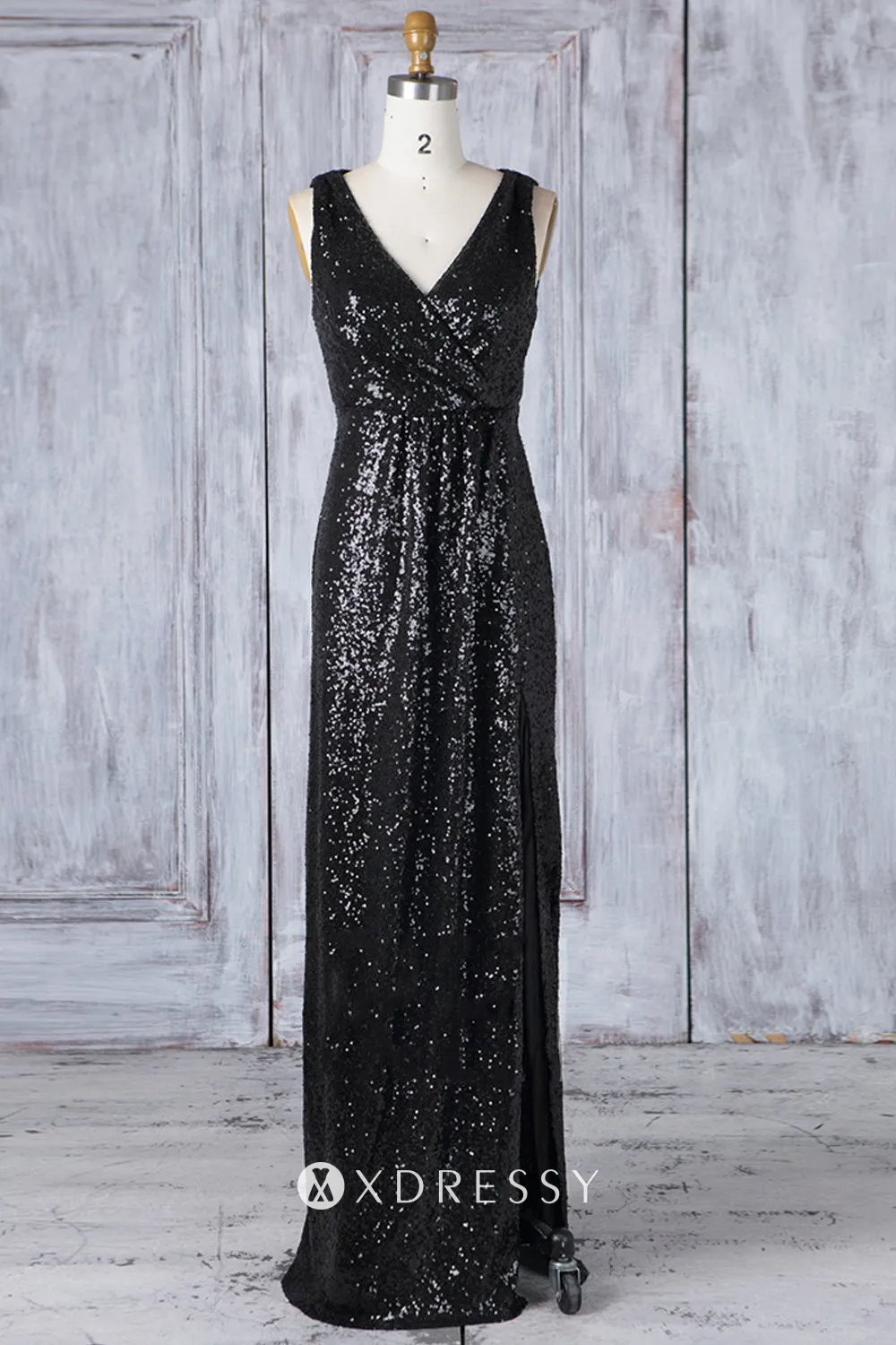 black sequin V neck elegant column bridesmaid dress