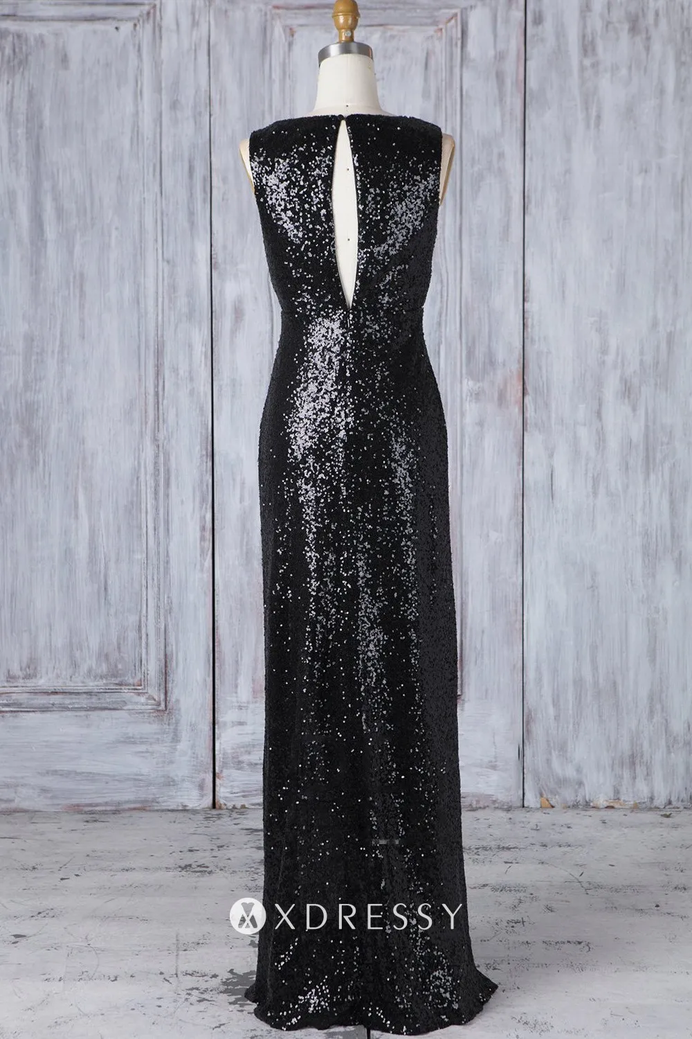 keyhole back black sequin long column bridesmaid dress