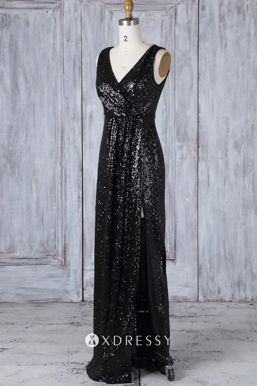 sleeveless V neck black sequin column bridesmaid dress