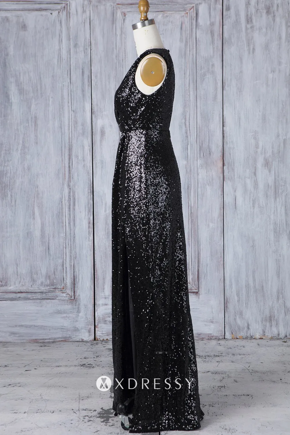 sleeveless black sequin floor length column bridesmaid dress
