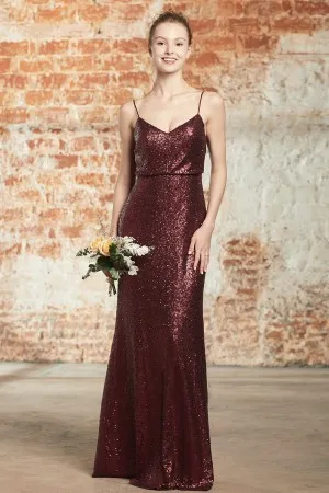 burgundy V neck sequin cowl back bridesmaid dress