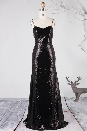 black double spaghetti straps sequin bridesmaid dress