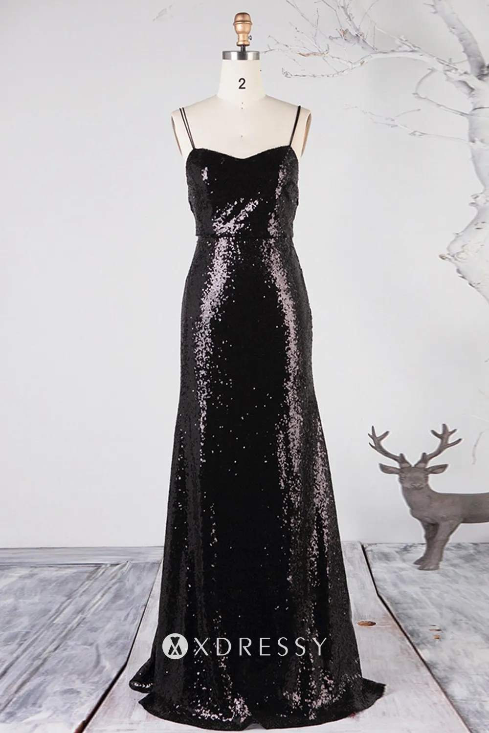 black double spaghetti straps sequin bridesmaid dress
