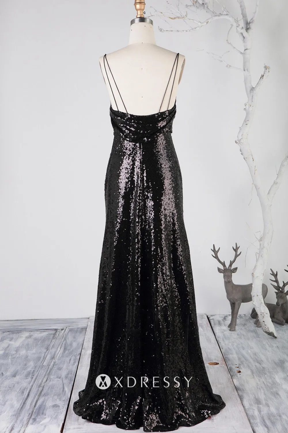 double spaghetti straps long black sequin bridesmaid dress