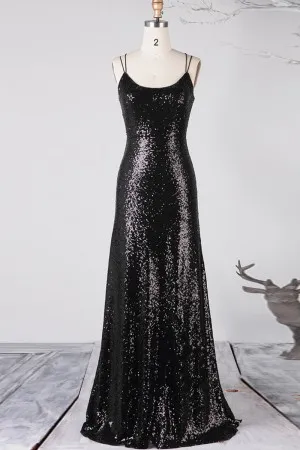 black scoop neck double thin straps sequin bridesmaid dress
