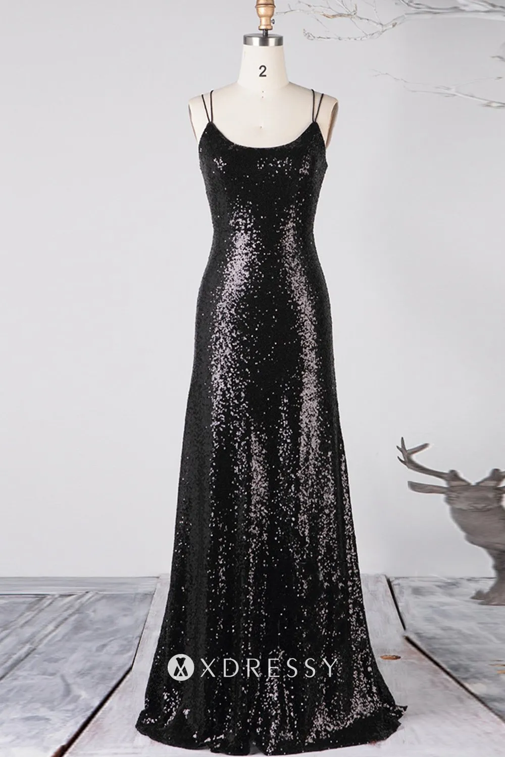 black scoop neck double thin straps sequin bridesmaid dress