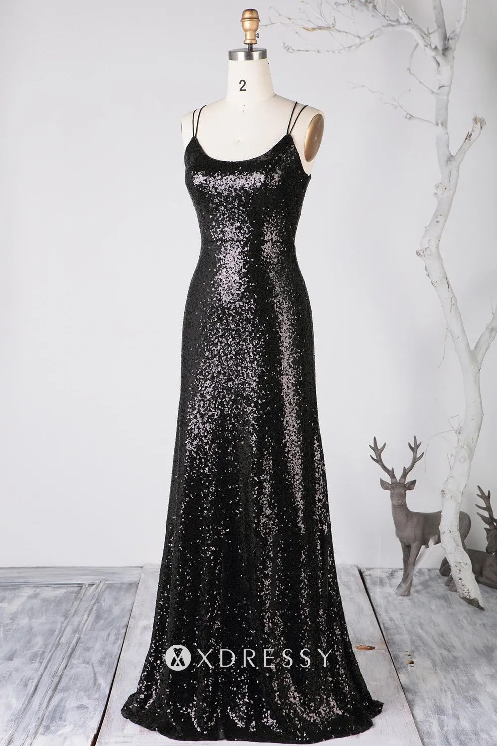 double thin straps black sequin bridesmaid dress