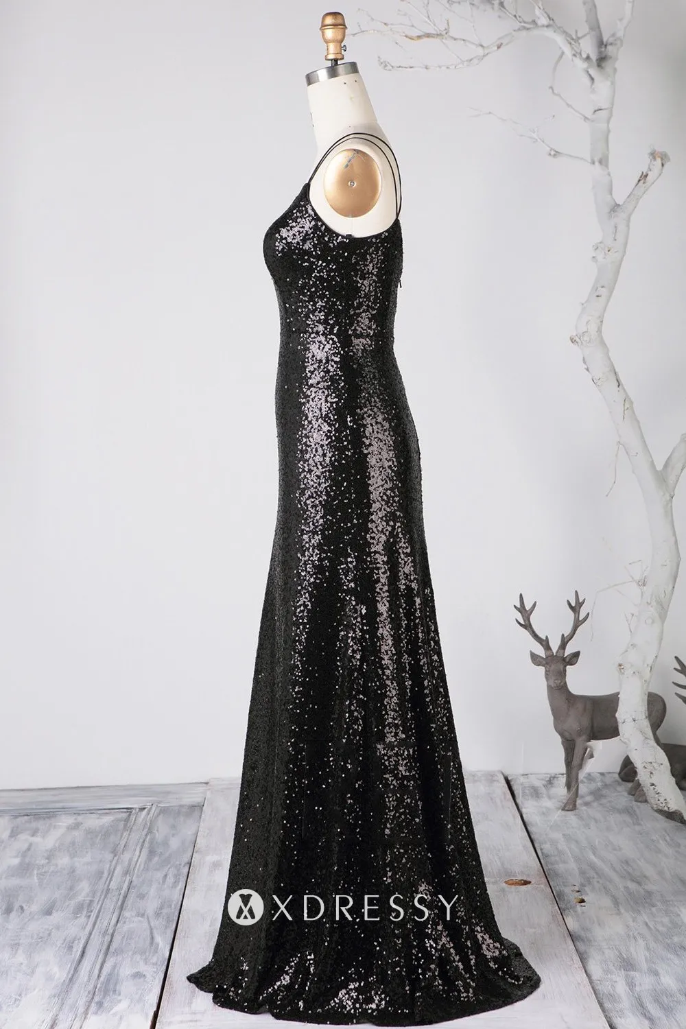 sleeveless double thin straps sequin bridesmaid dress