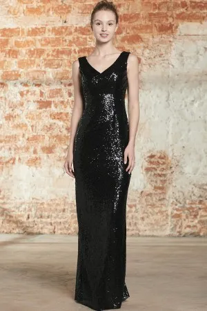floor length column elegant V neck black sequin dress
