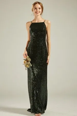 green sequin sheath straight across neck long dress