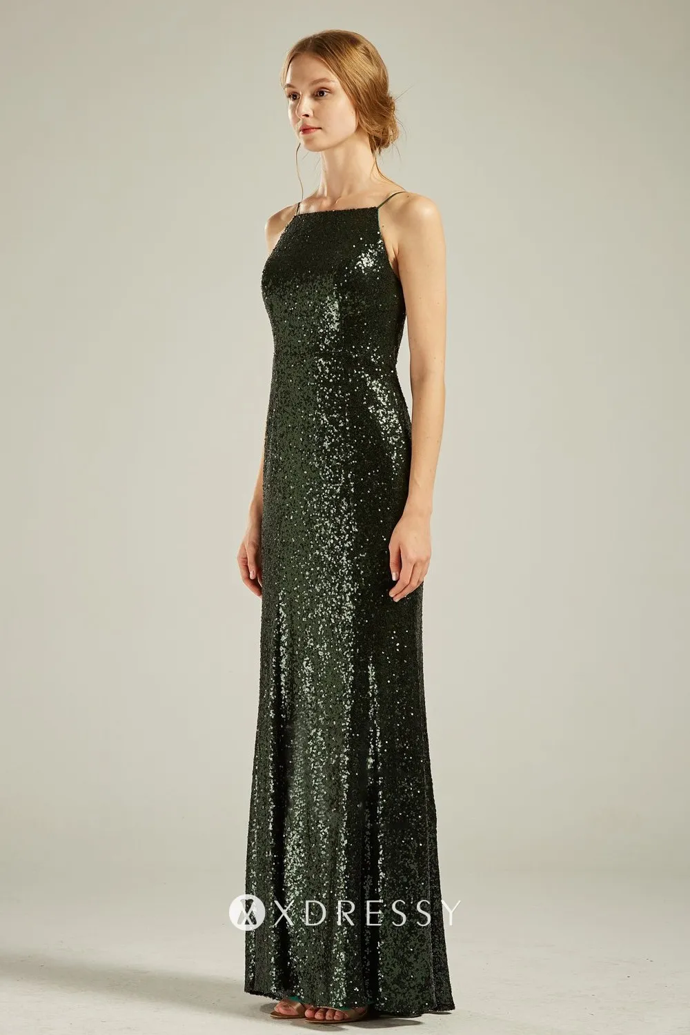 green sequin sleeveless long bridesmaid dress