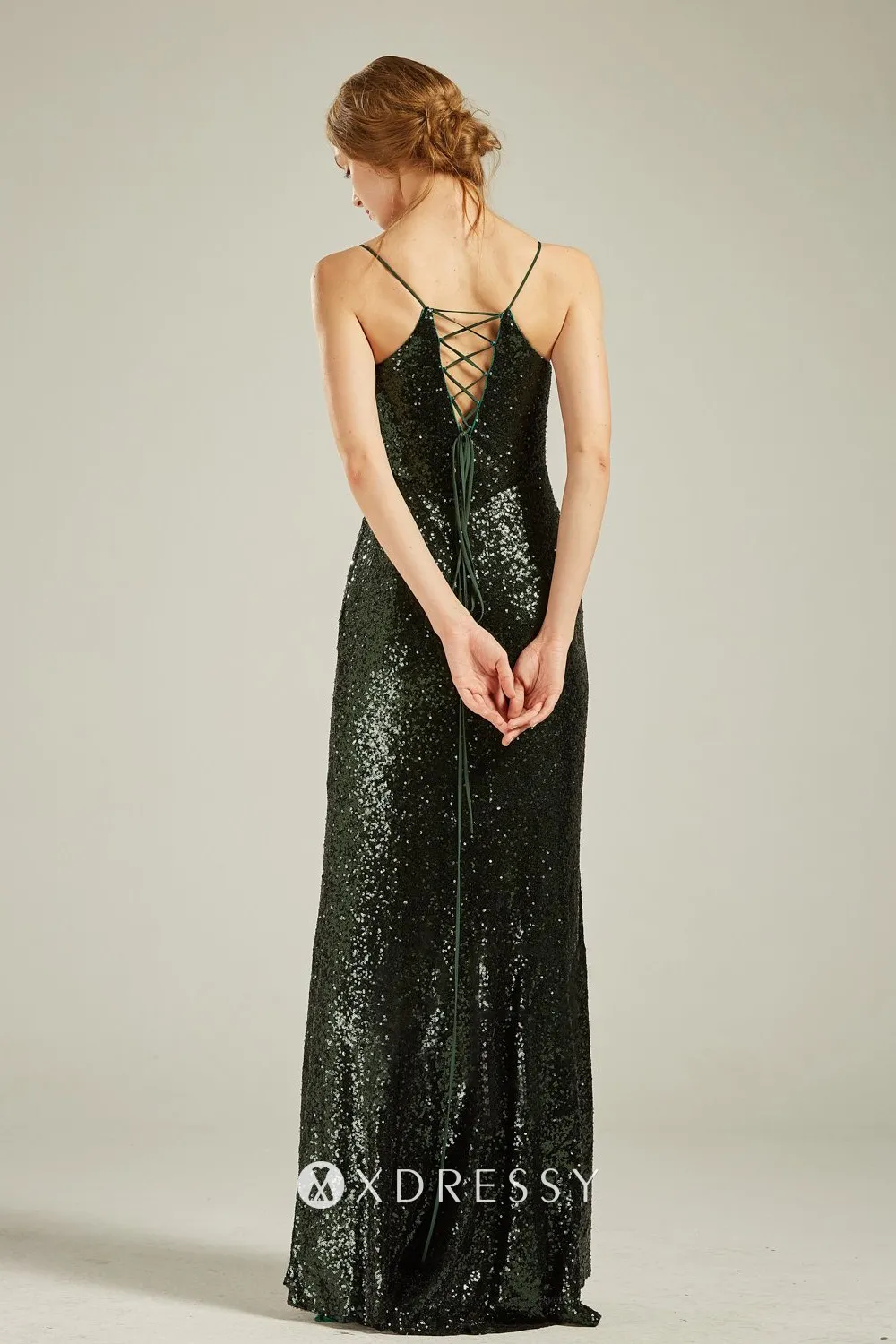 strappy back green sequin sheath long dress