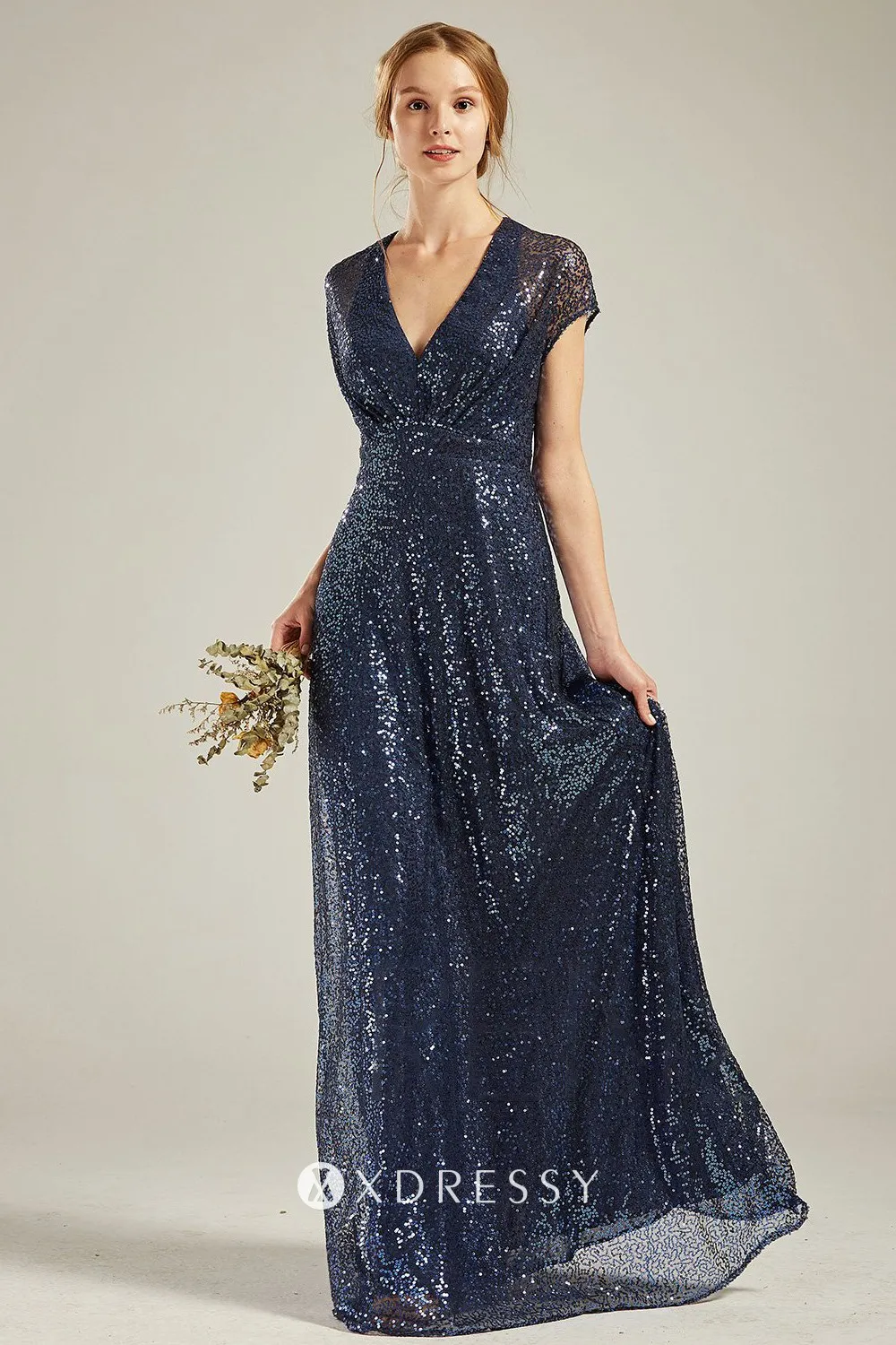 A line floor length navy sequin bridesmaid dress