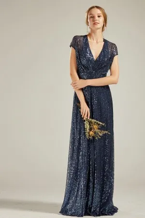 Navy cap sleeve sequin keyhole back bridesmaid dress