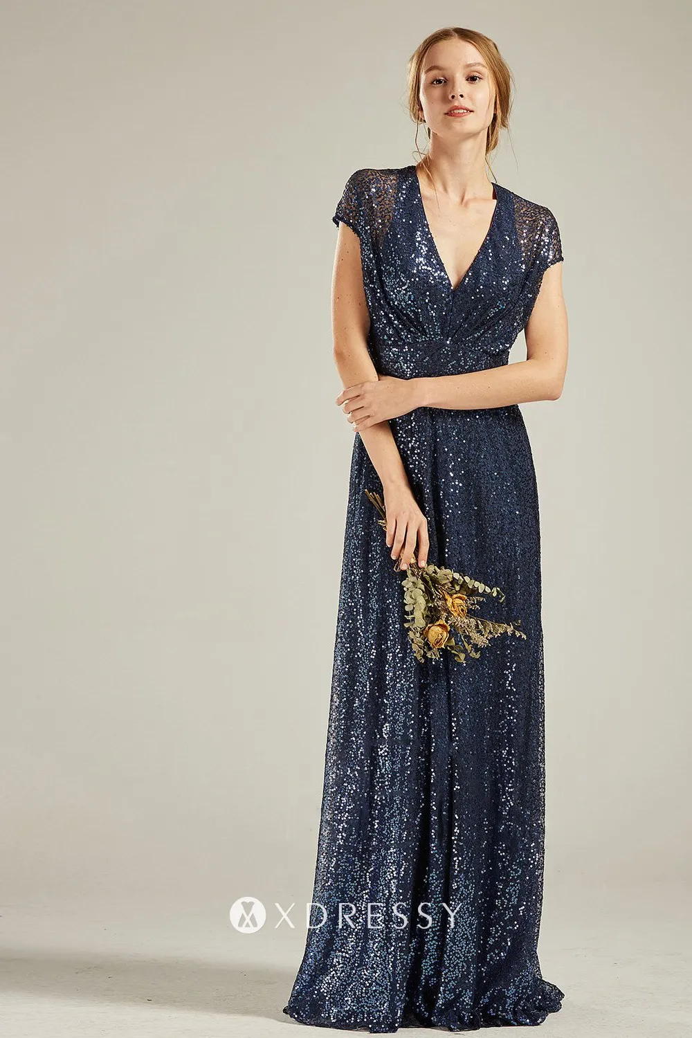 Navy cap sleeve sequin keyhole back bridesmaid dress
