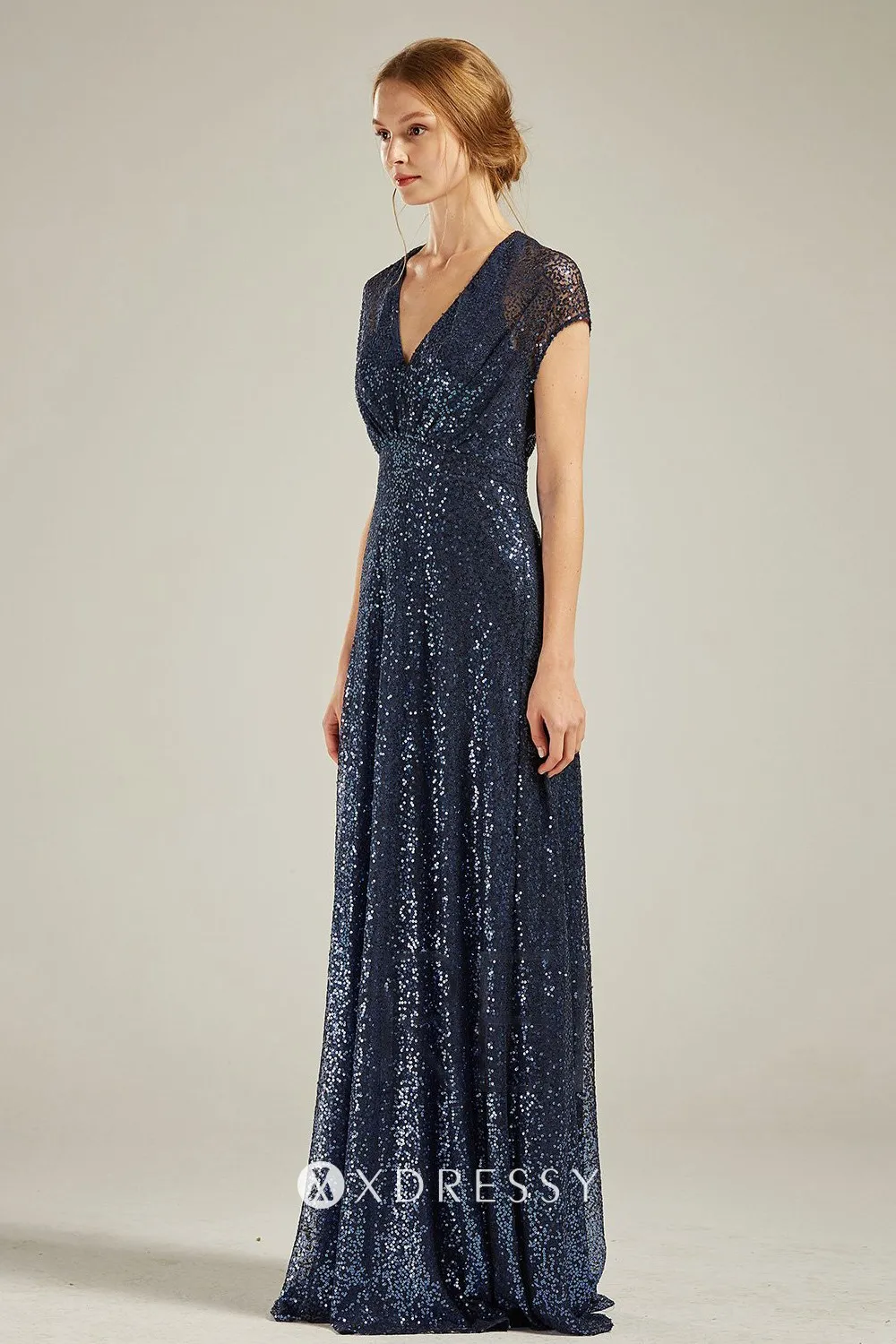 Navy sequin sheer cap sleeve bridesmaid dress