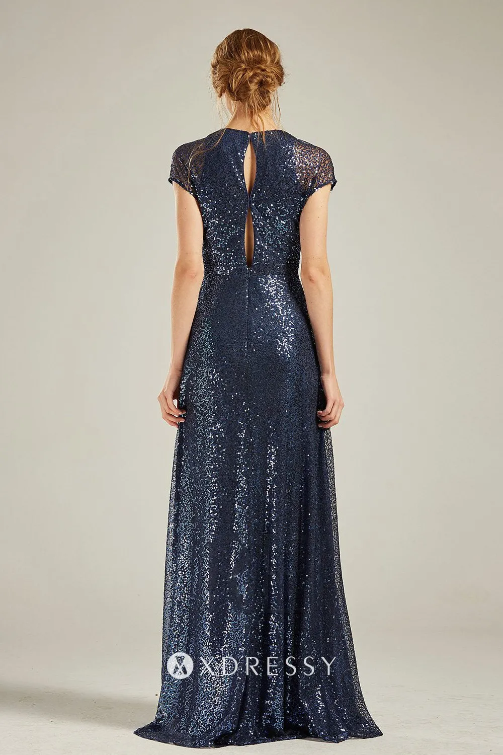 double keyholes back navy cap sleeve bridesmaid dress