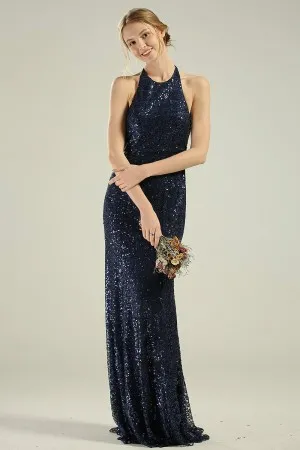 amazing navy sequin halter neck bridesmaid dress