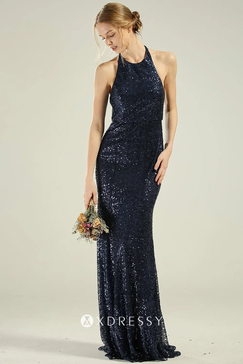 halter neck sleeveless navy long bridesmaid dress