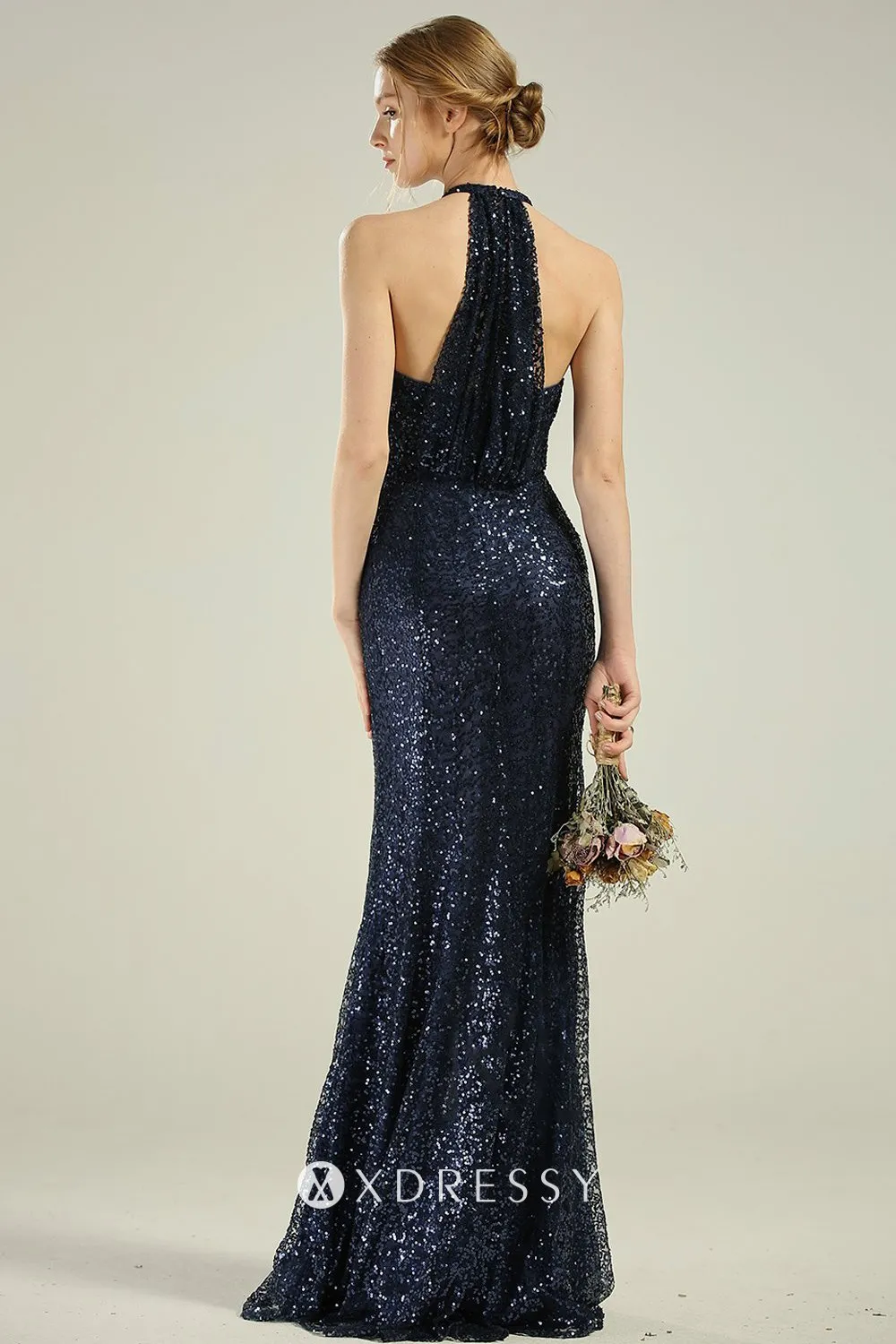 racerback sheath navy sequin long bridesmaid dress