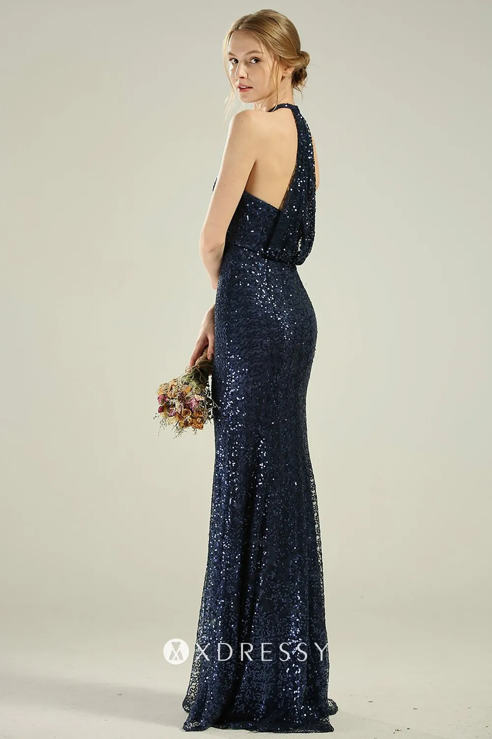sleeveless racerback navy sequin long bridesmaid dress