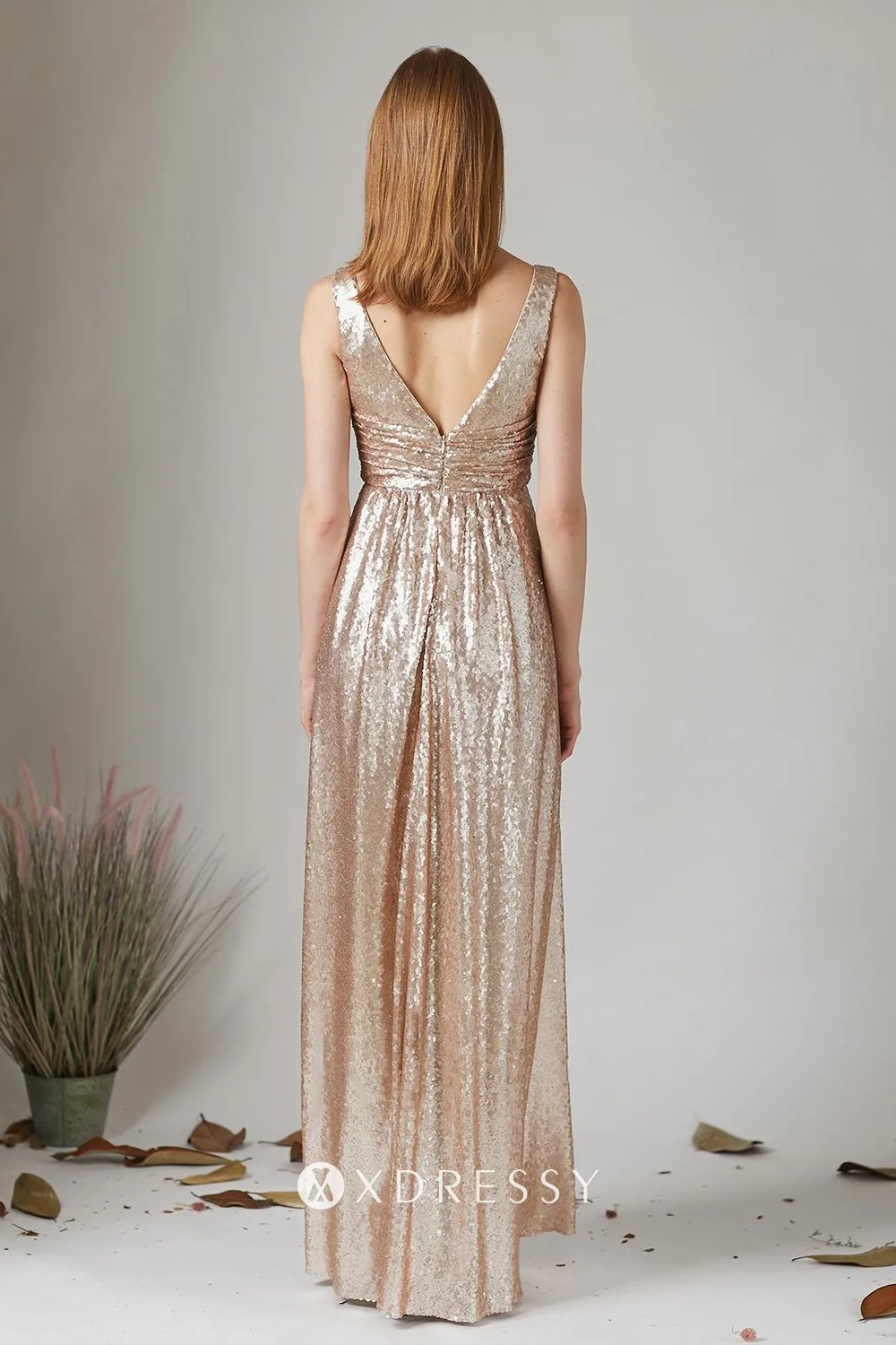 V back pleated empire champagne gold sequin dress V back pleated empire champagne gold sequin dress