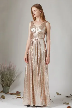 champagne gold sequin pleated empire V neck dress