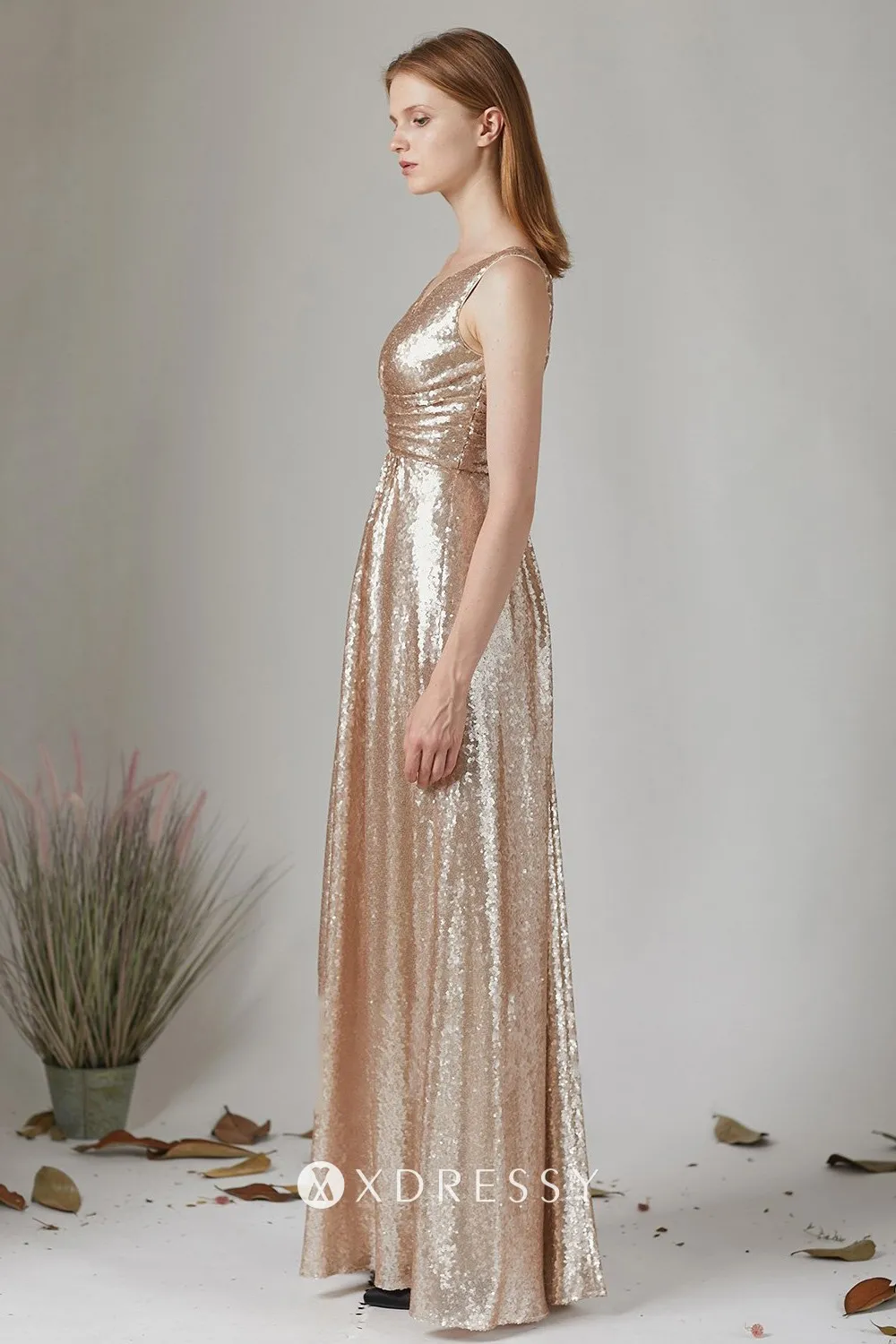 sleeveless V neck champagne gold sequin dress sleeveless V neck champagne gold sequin dress